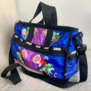 LeSportsac Medium Weekender Duffel with Pouch, tropical print flamingos parrots